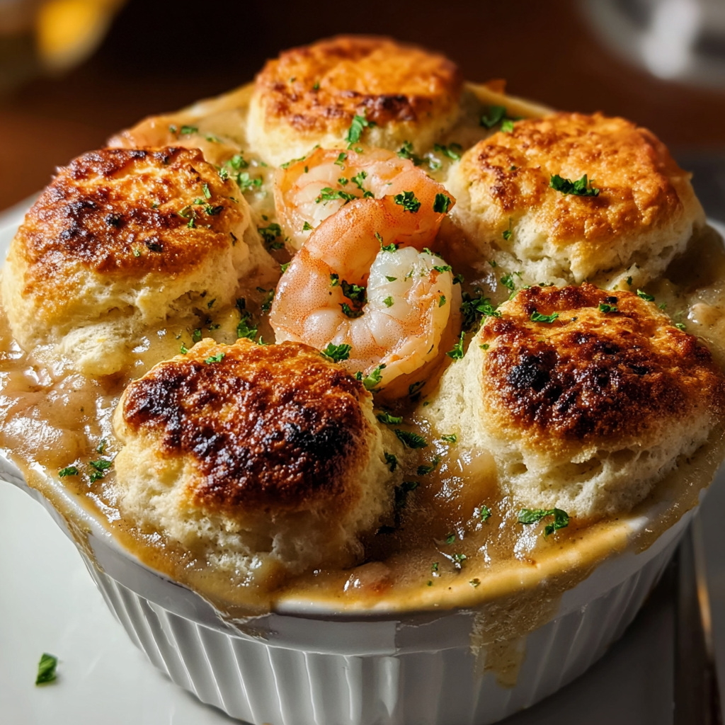 Baked shrimp and lobster biscuit pot pies in ramekins