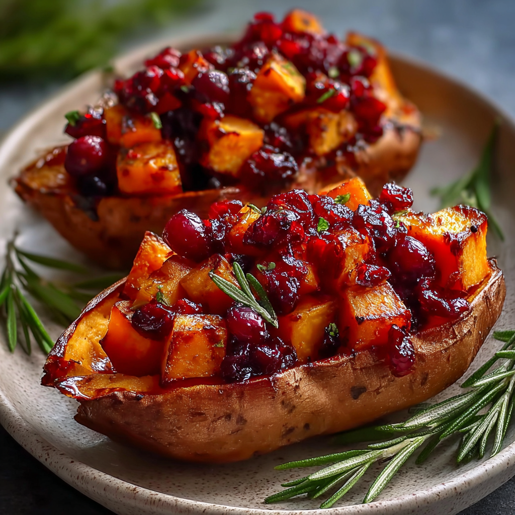Twice-baked sweet potato plated with compote