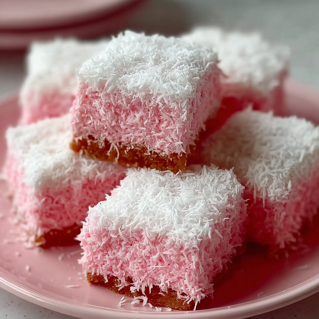 Pink Coconut Snowball Cake Bars on a cooling rack