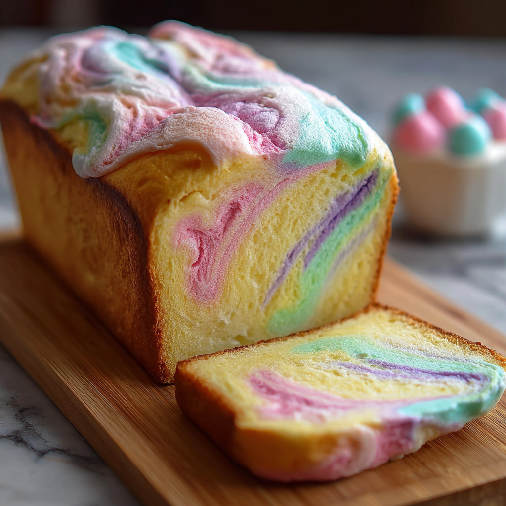 Pastel swirl loaf in pan with ribbons of color