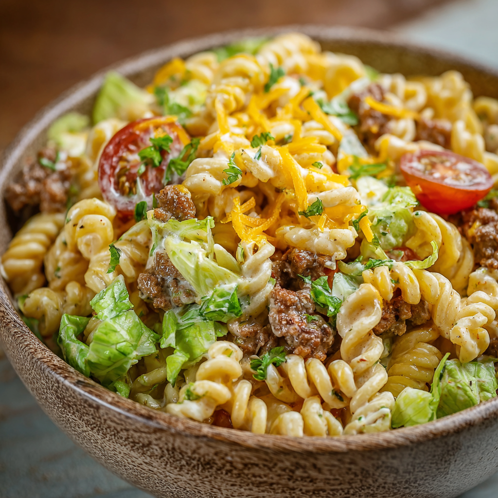 Big Mac Pasta Salad bowl with sesame garnish