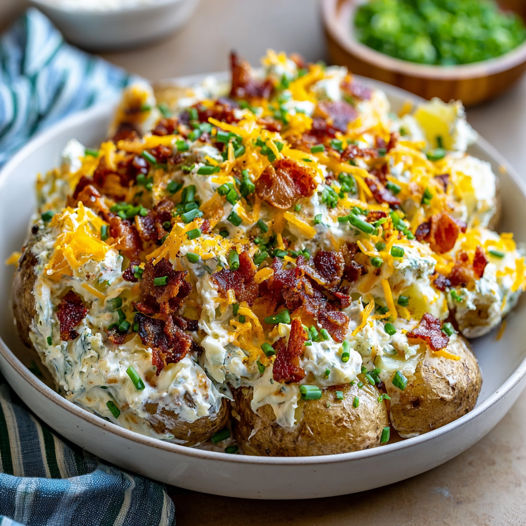 Loaded bowl of potato salad garnished with bacon and cheese