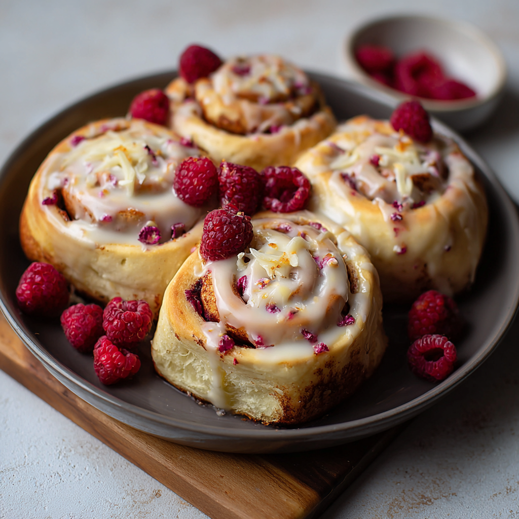 Glazed rolls with crushed freeze dried raspberries