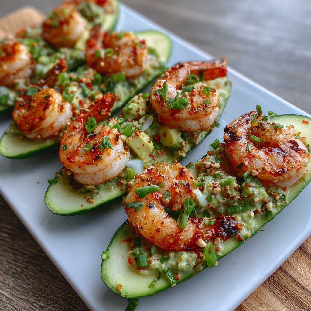 Assembled shrimp avocado cucumber boats on a serving tray