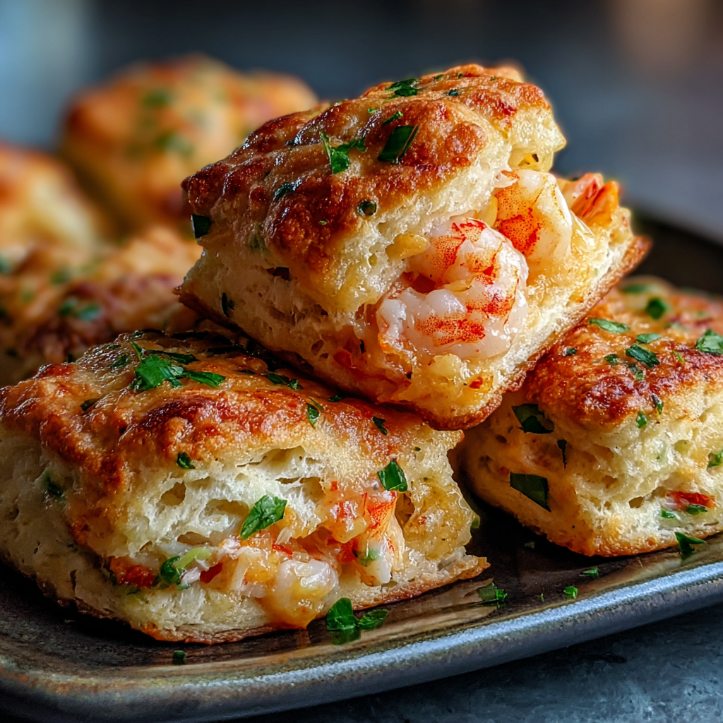 Baked shrimp and crab biscuits on a parchment-lined tray