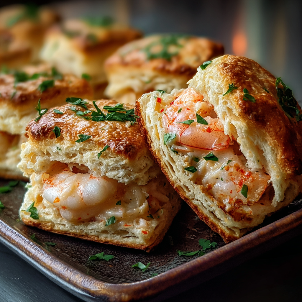 Close-up of a bisected biscuit showing the cheesy seafood filling