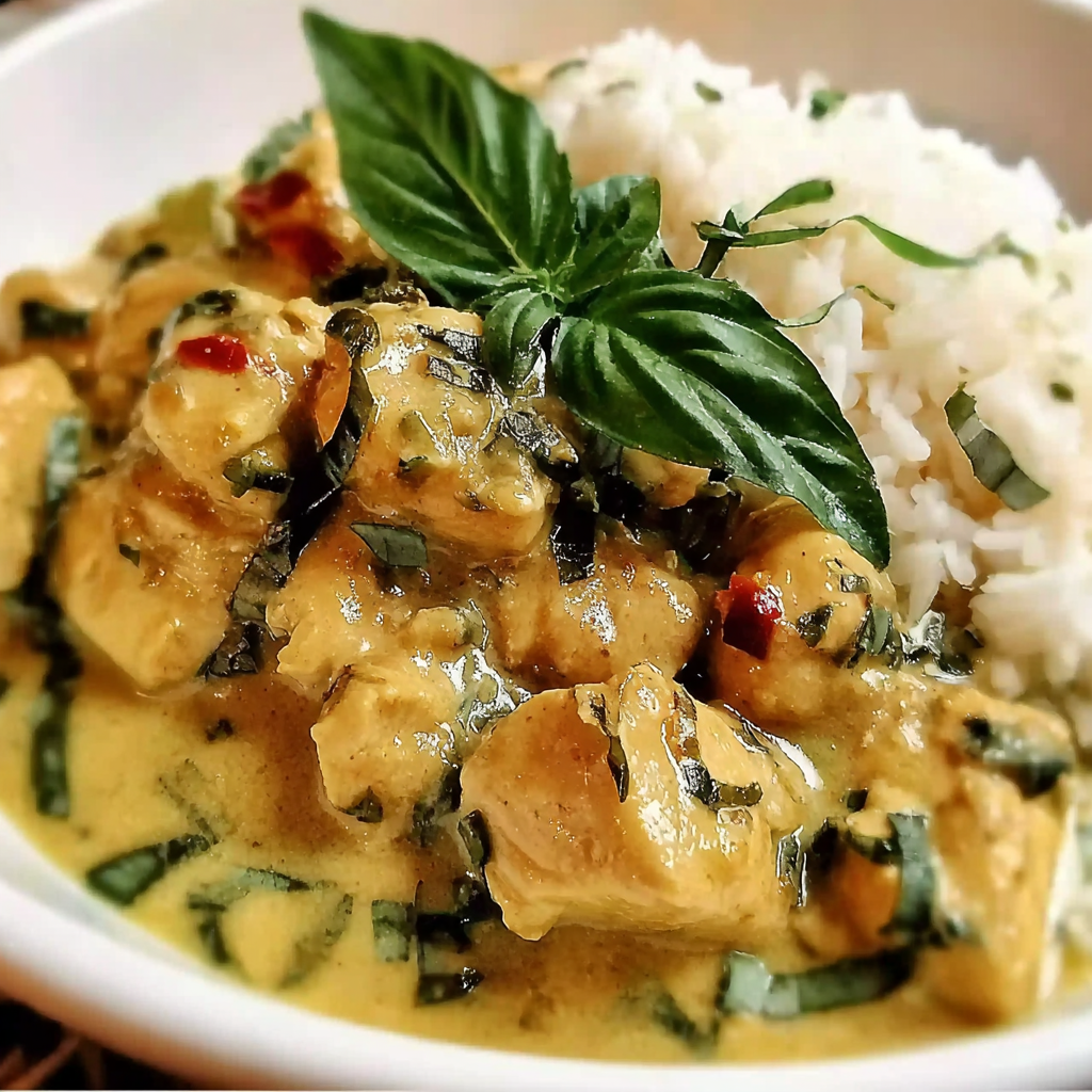 Serving basil chicken over jasmine rice with fresh basil garnish