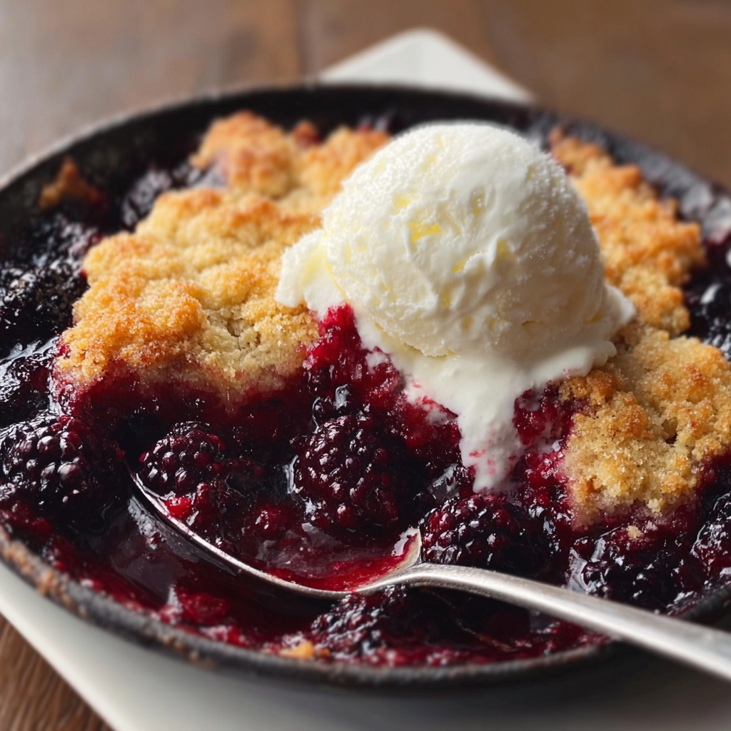 Freshly baked blackberry cobbler in a ceramic baking dish
