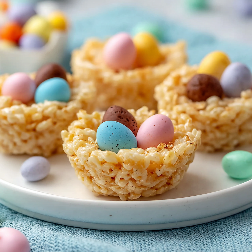 Rice Krispie nests on a baking sheet