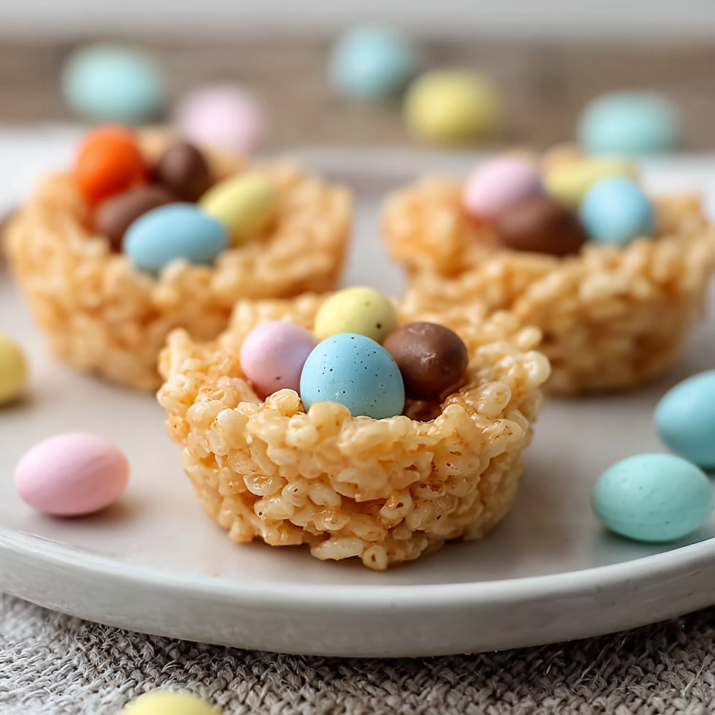 Close-up of a decorated Rice Krispie nest with mini eggs