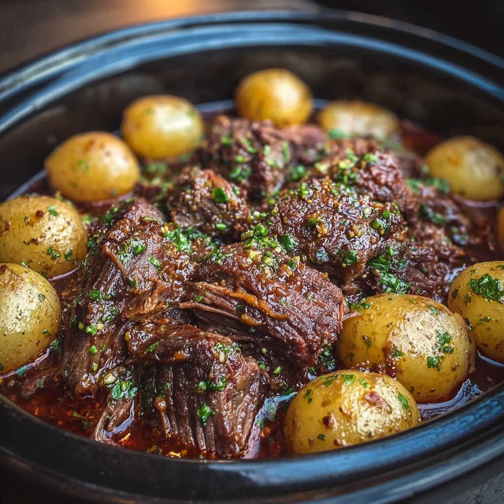 Slow cooker with garlic butter beef and potatoes