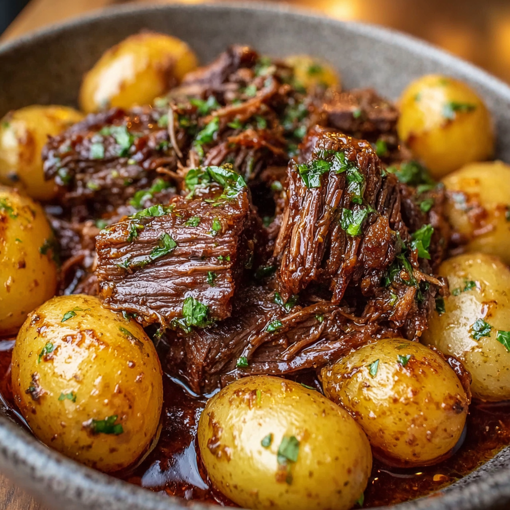 Served garlic butter beef and potatoes on platter
