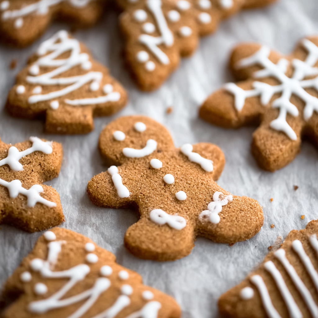Decorated gingerbread cookies on a cooling rack