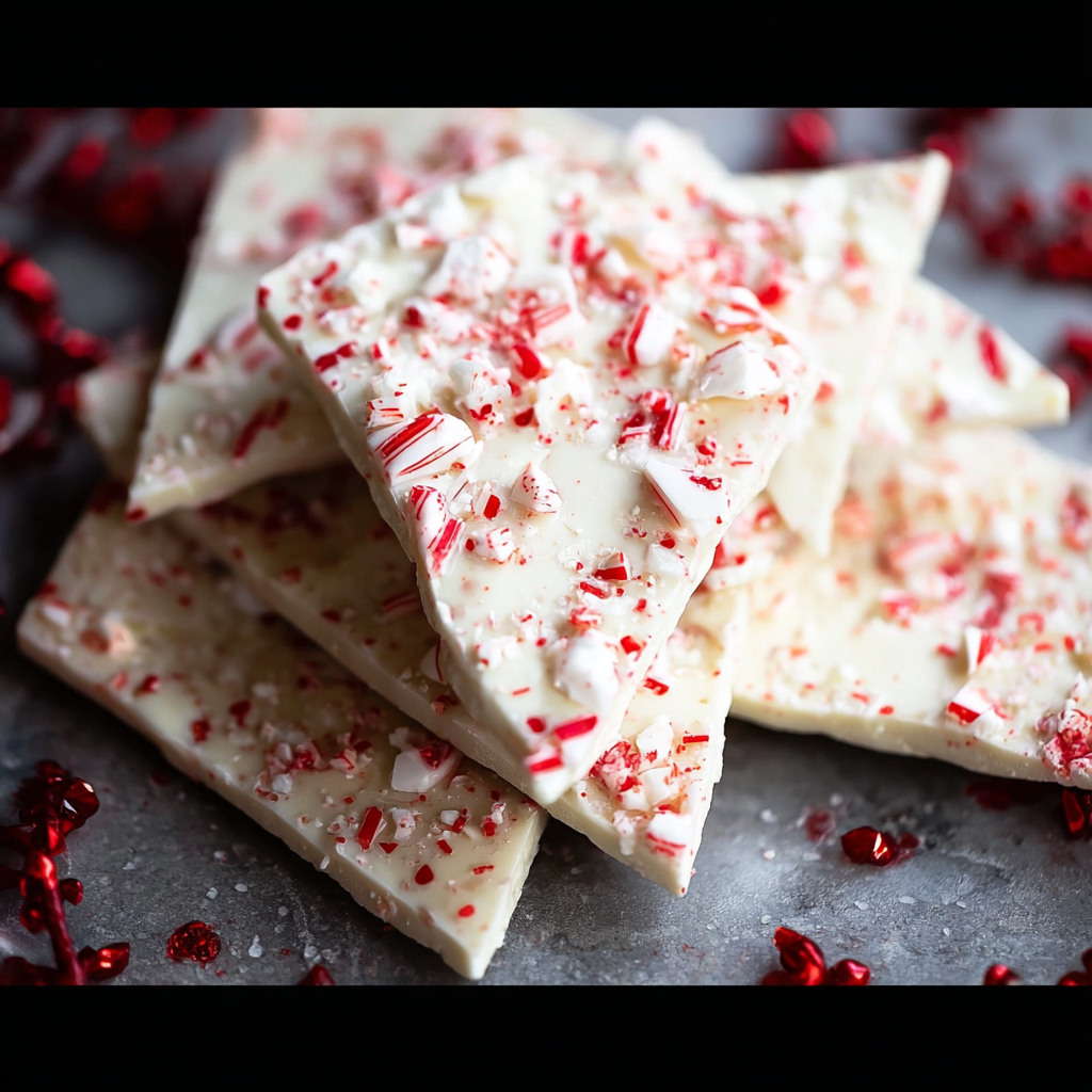 Peppermint bark pieces stacked in a tin