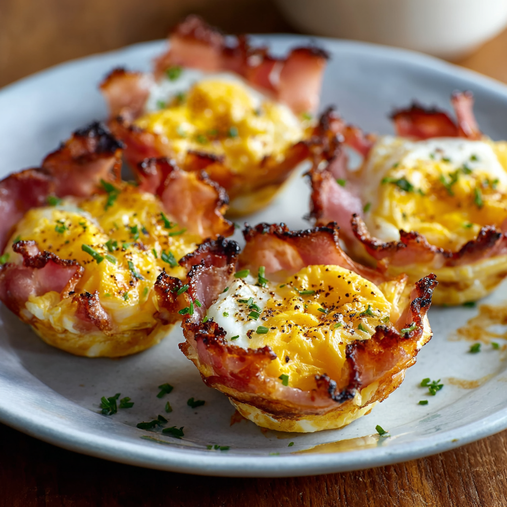 Stacked ham and egg cups with melted cheddar