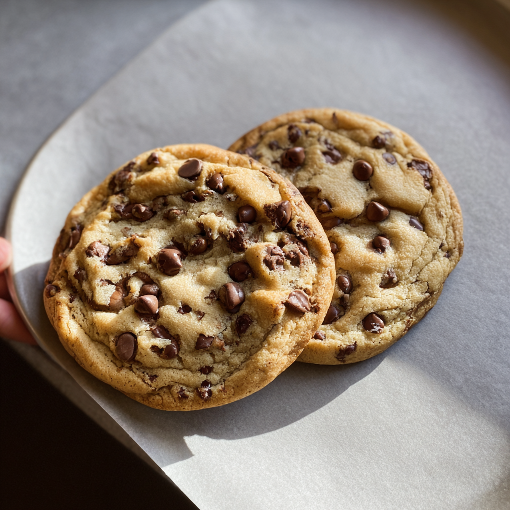 Two large chocolate chip cookies on a baking sheet