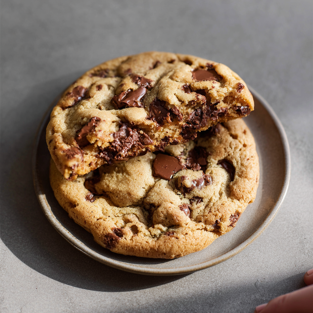 Close-up of a gooey chocolate chip cookie break