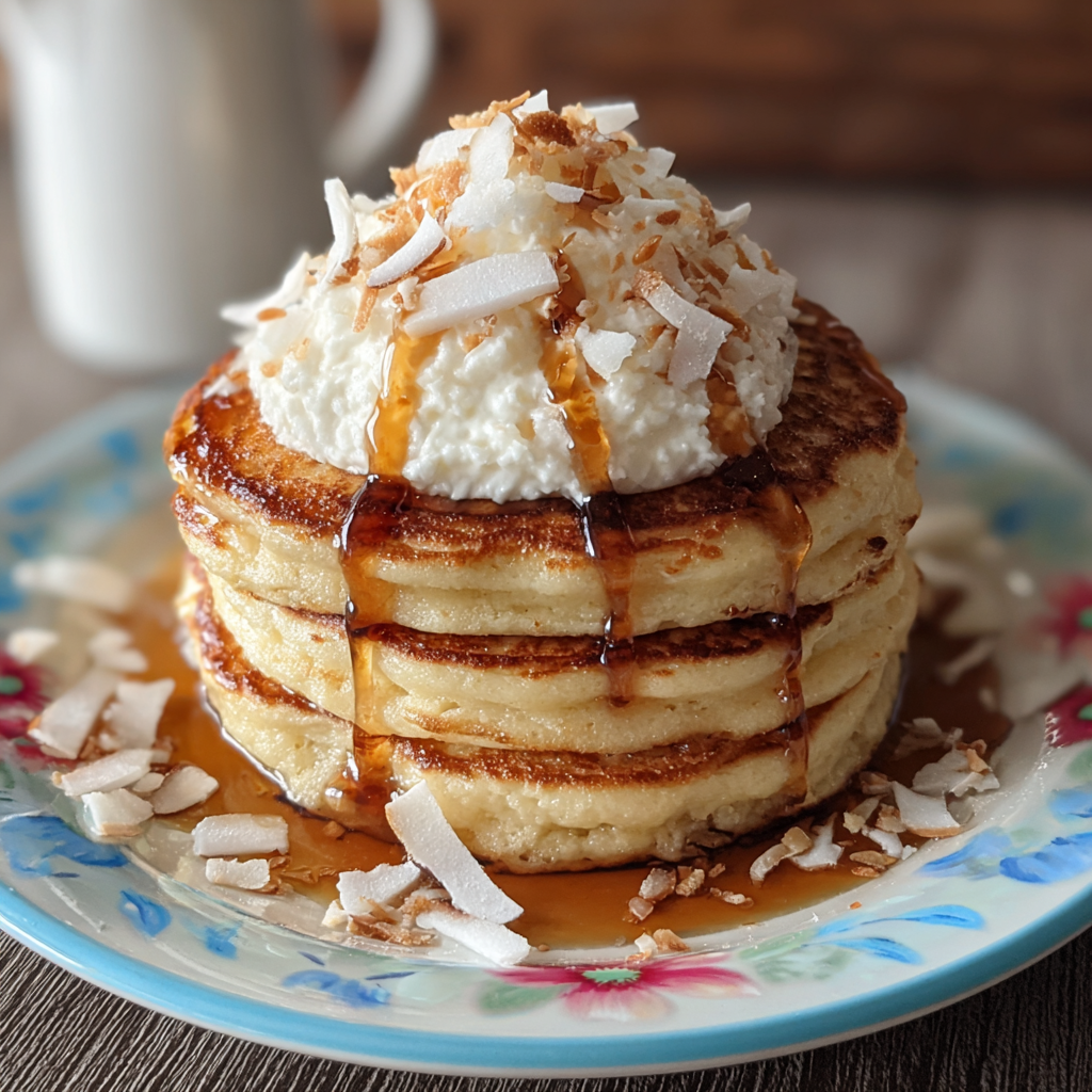 Stack of coconut pancakes on a plate with toasted coconut