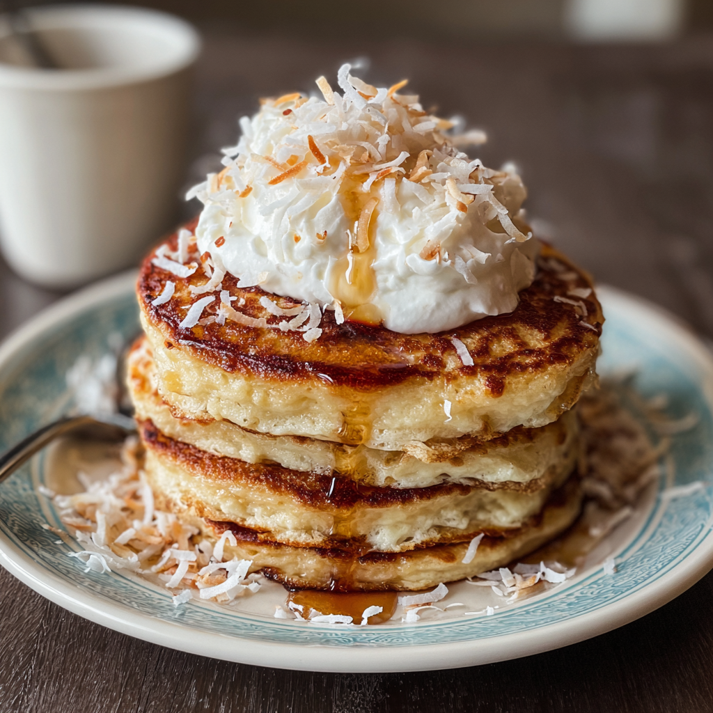 Preparing pancake batter in a bowl with shredded coconut