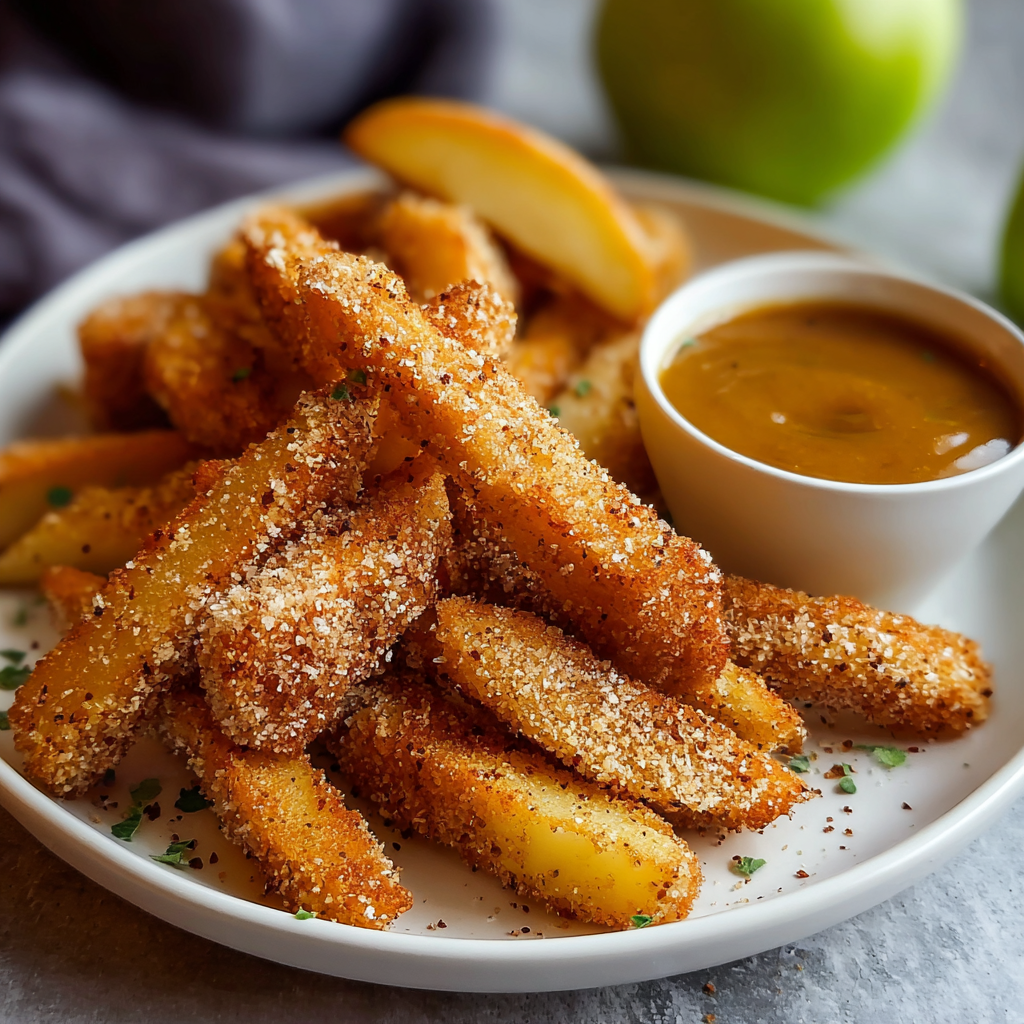 Plated apple fries with caramel and yogurt dips