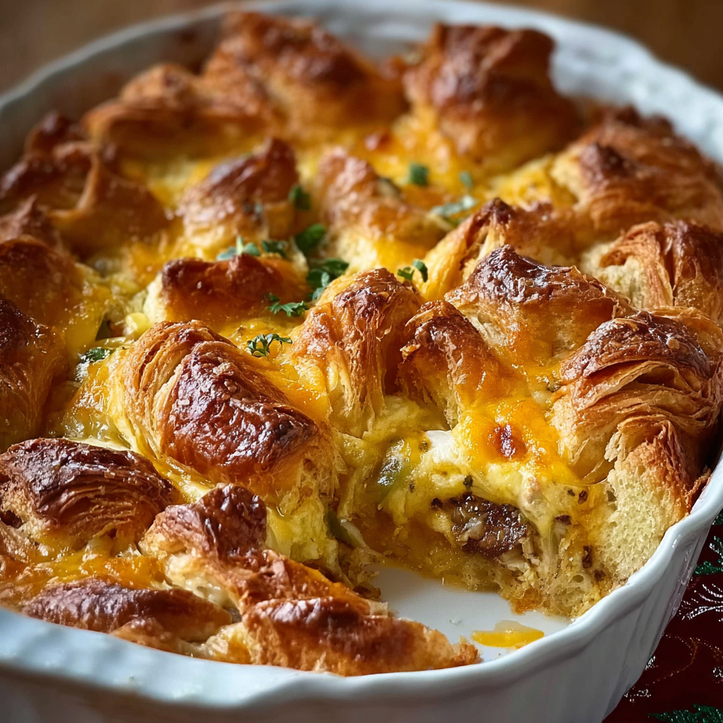 Baked croissant casserole with parsley garnish