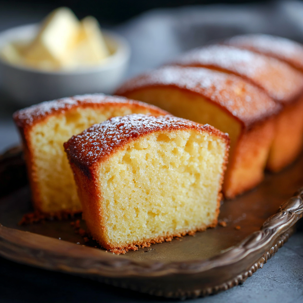 Finished classic butter cake, golden and sliced
