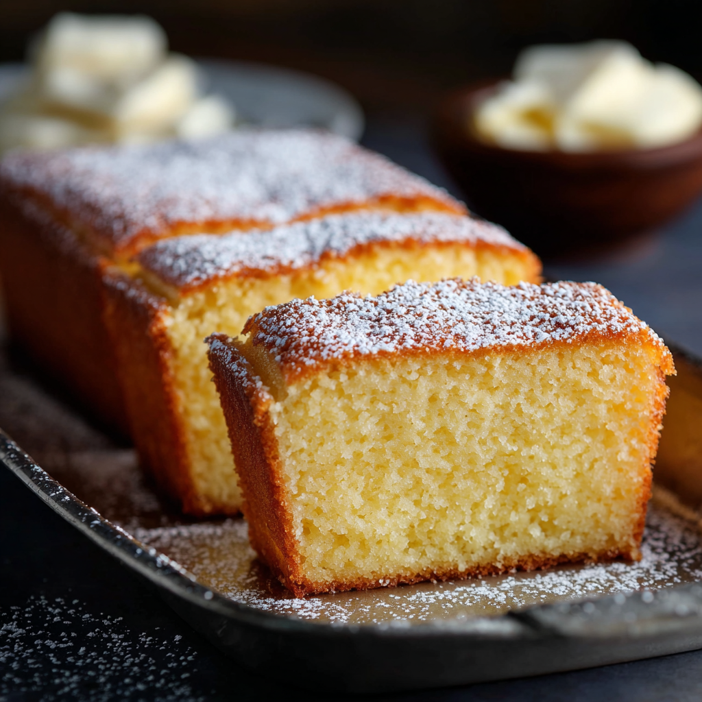 Butter cake slice with berries and powdered sugar