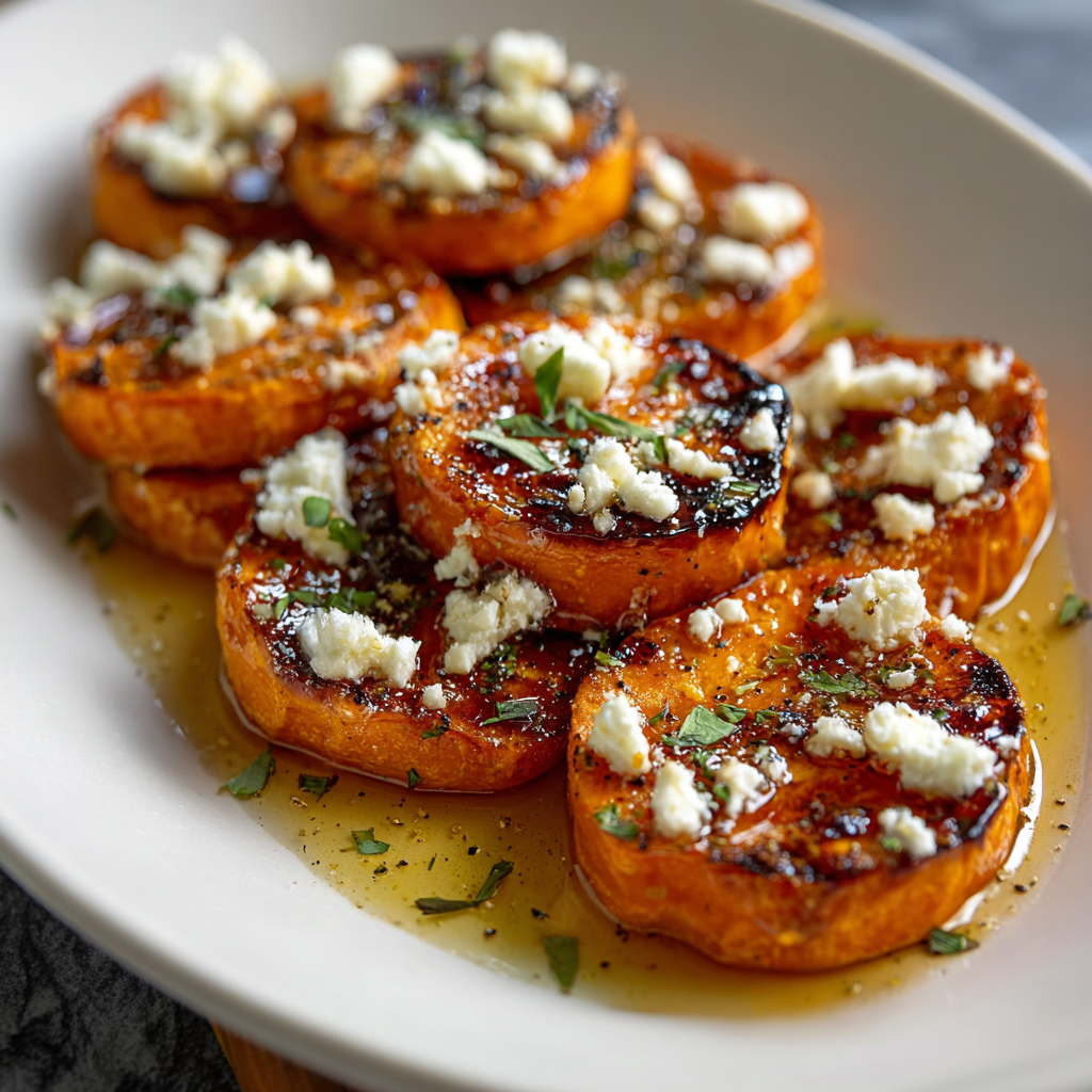 Roasted sweet potato rounds drizzled with honey and sprinkled with feta and parsley