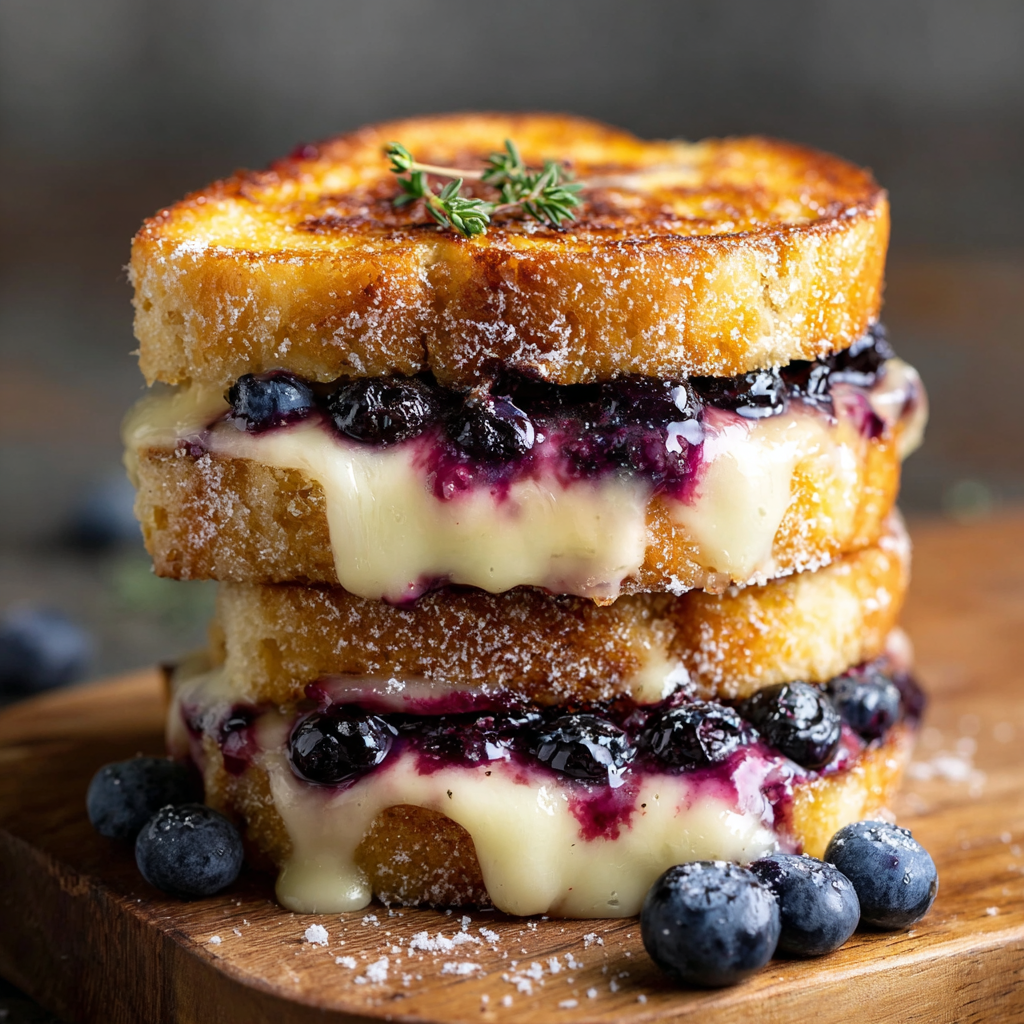 Close up of melted cheese and blueberry spread inside toasted sourdough