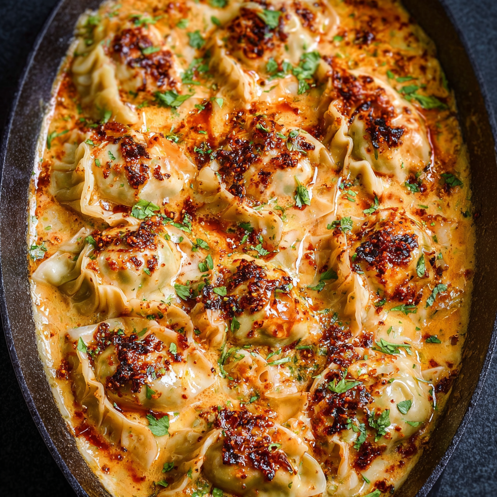 One Pan Baked Dumplings in skillet with curry sauce