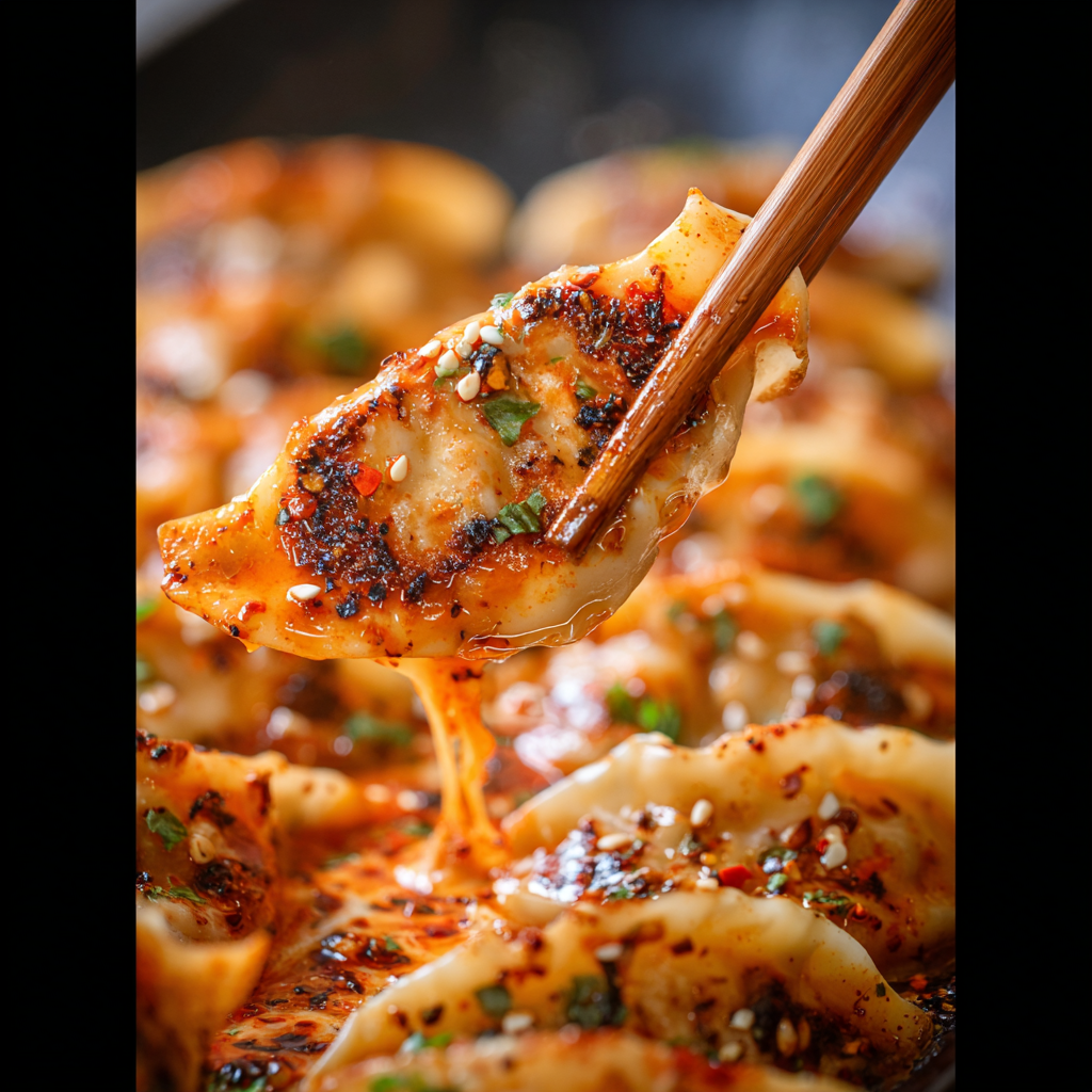 Close-up of saucy dumplings garnished with cilantro and sesame seeds