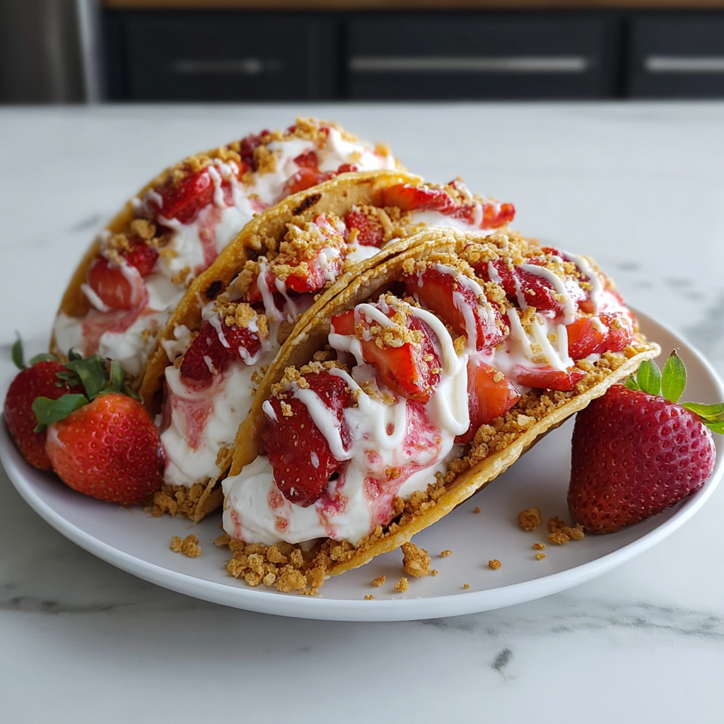 Assembled strawberry cheesecake tacos on a serving board