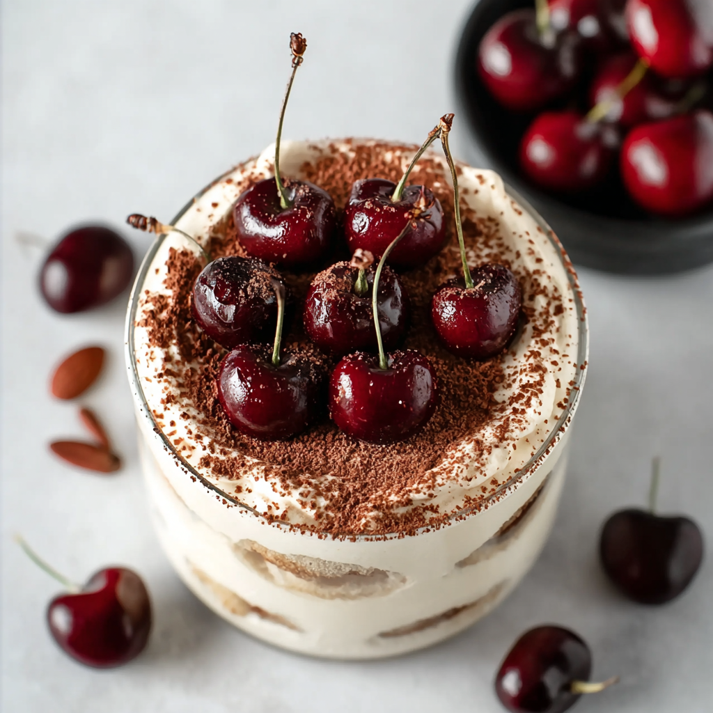 Layered cherry amaretto tiramisu in a glass dish