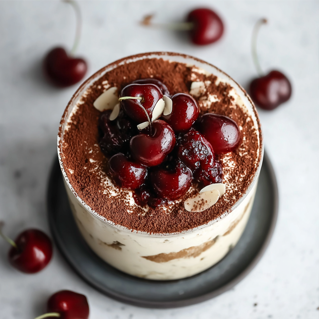 Close-up of mascarpone and cherries being folded together