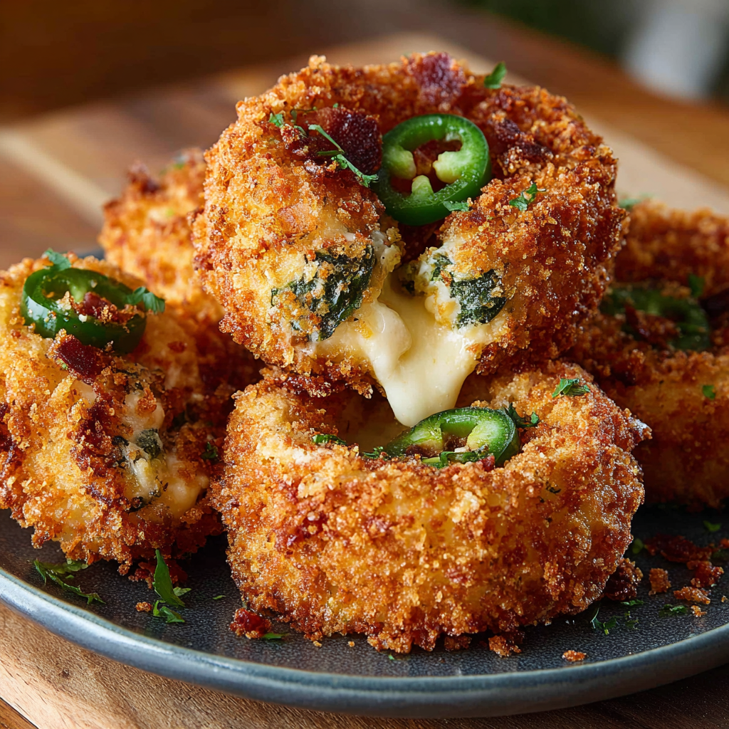 Crispy golden stuffed onion rings on a platter
