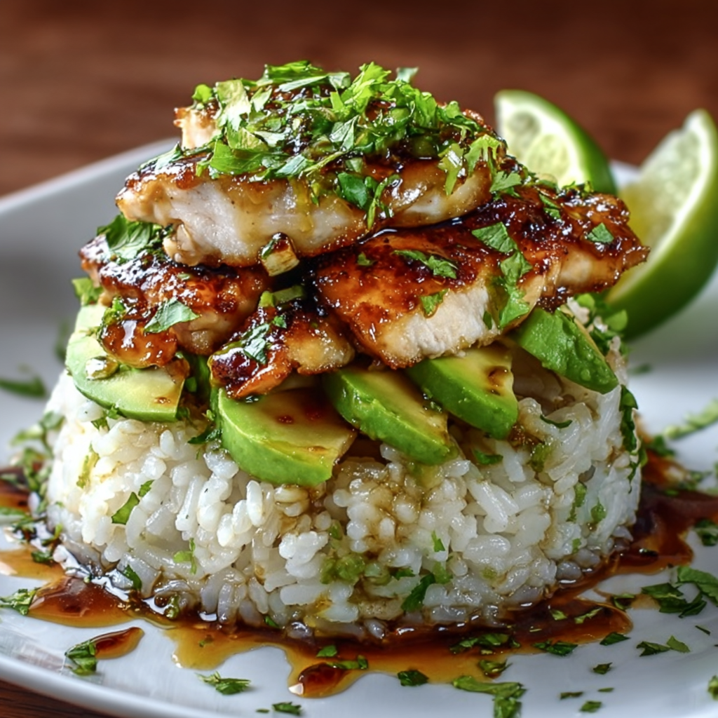 Avocado rice stack plated with lime wedge