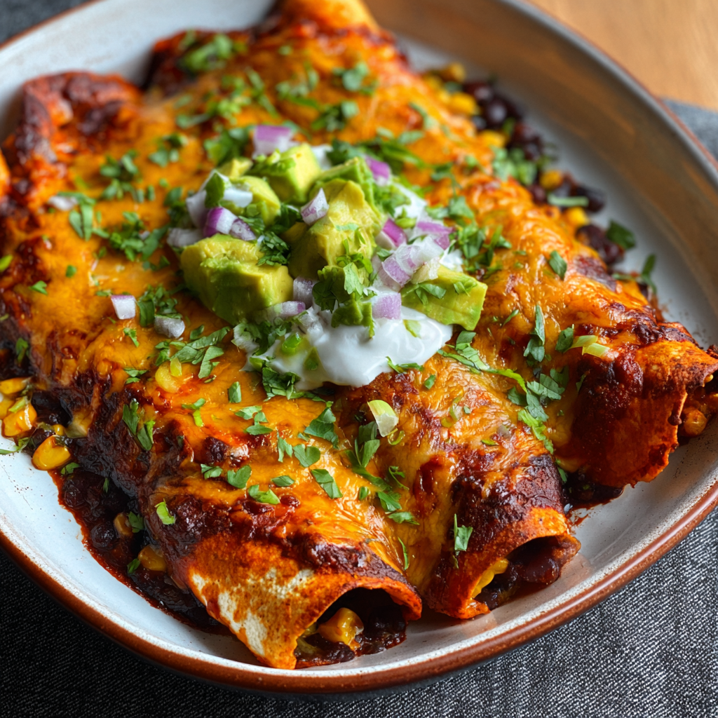 Sliced avocado and enchiladas plated