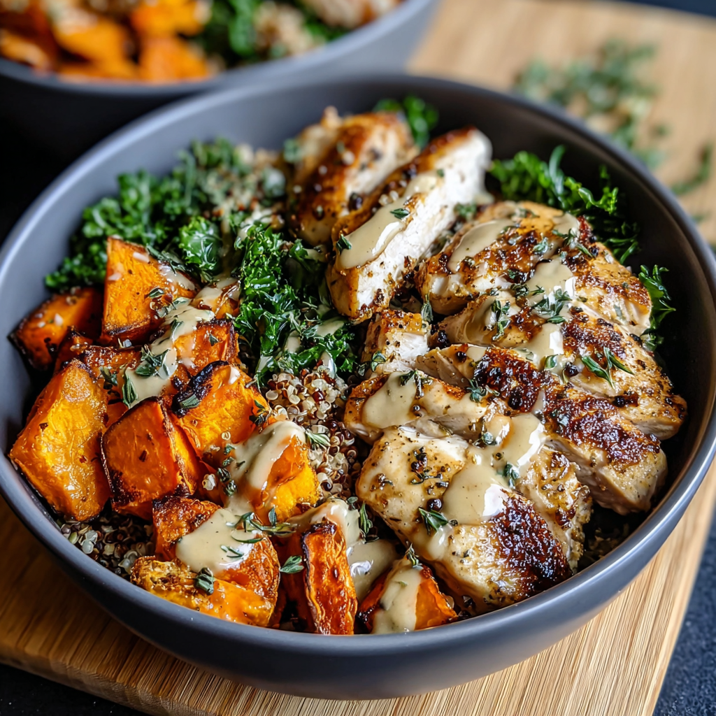 Maple Dijon chicken sliced and served with roasted sweet potatoes