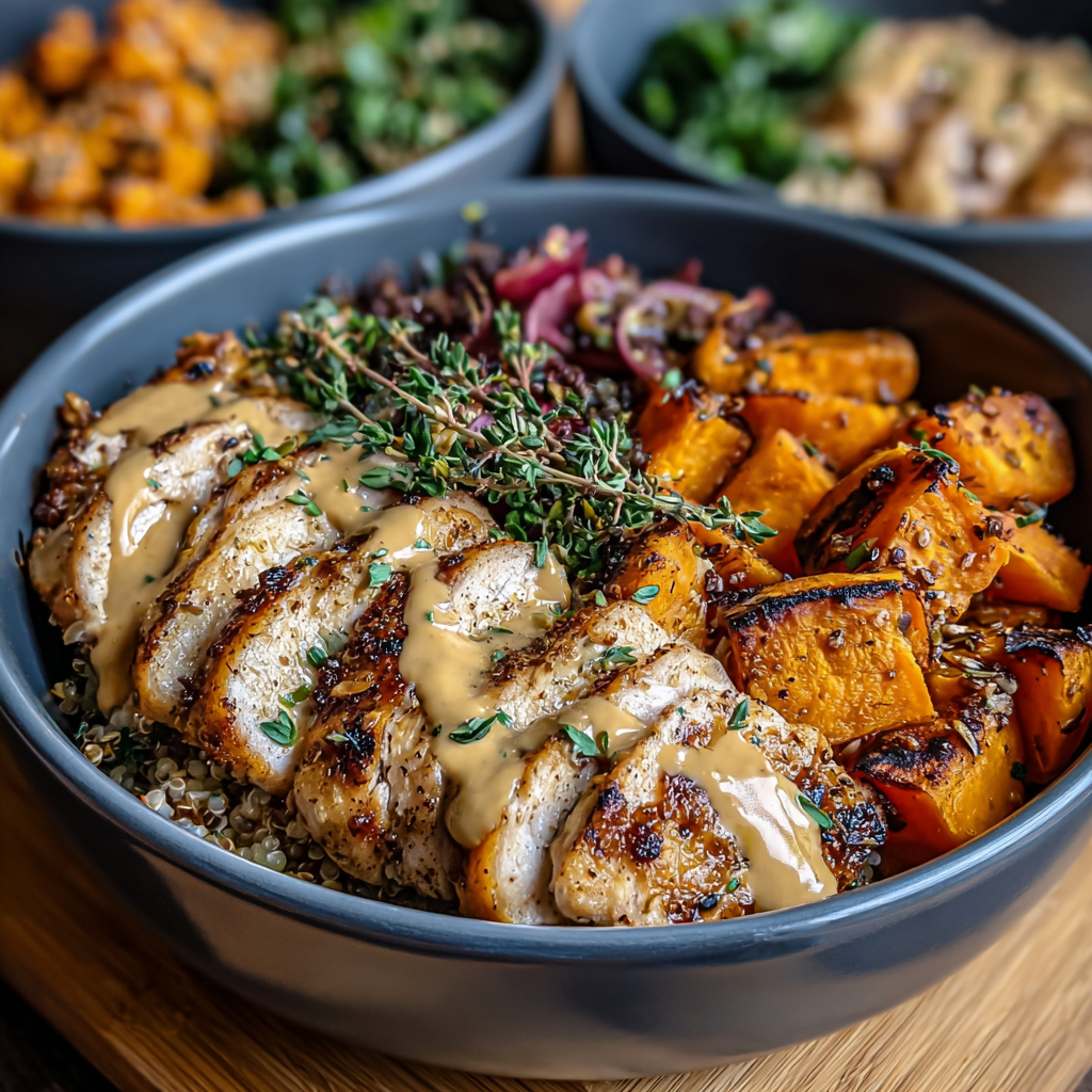 Assembled bowl with quinoa, roasted sweet potatoes, and herb garnish
