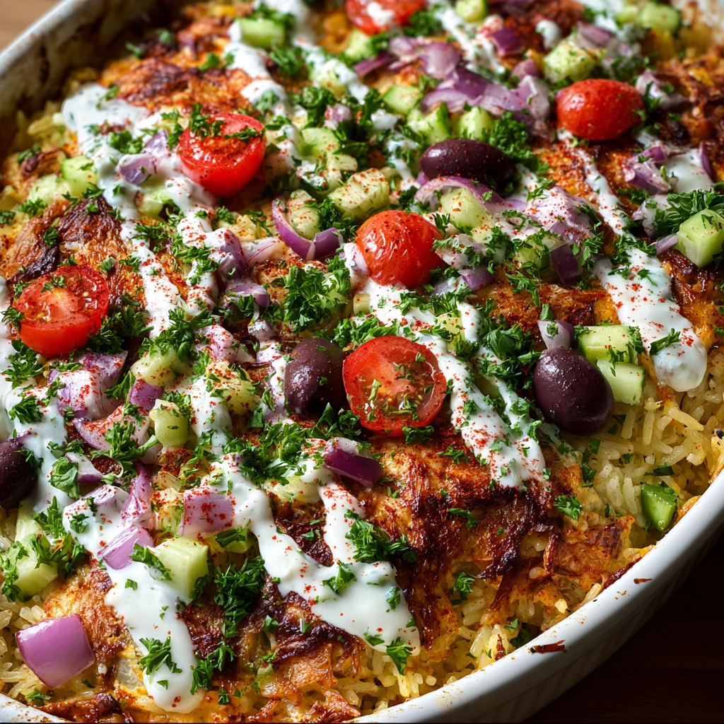 Layered casserole showing rice and toppings before baking