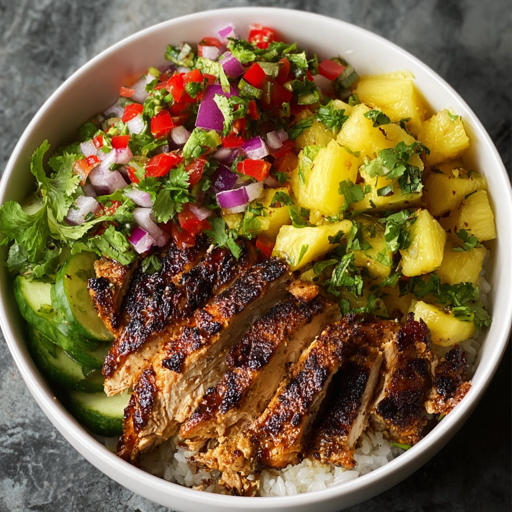 Jerk chicken sliced on rice with pineapple salsa