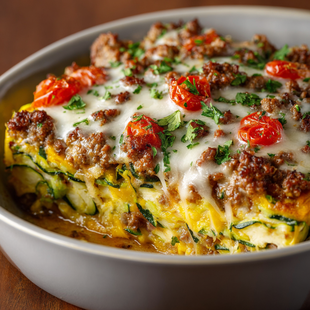 Zucchini pizza casserole with melted cheese