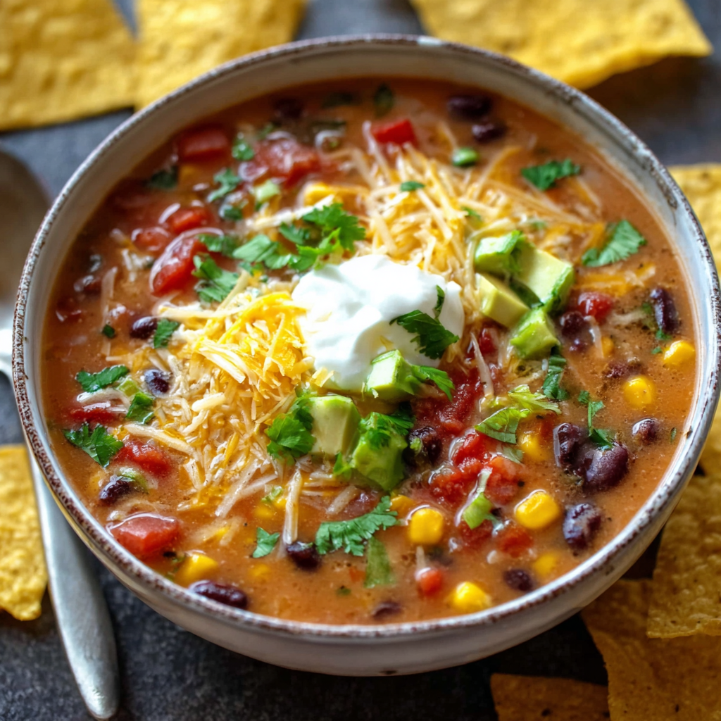 Slow cooker vegetarian tortilla soup in a pot