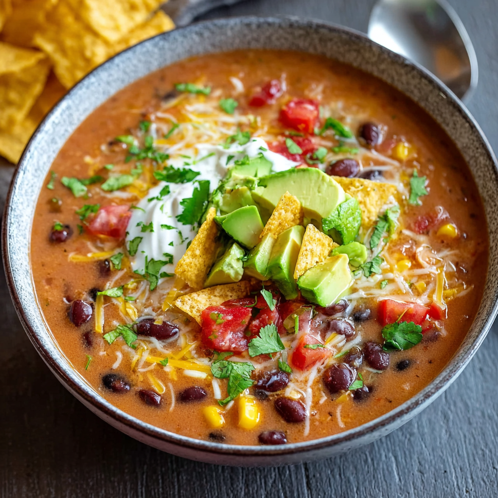 Bowl of vegetarian tortilla soup with toppings
