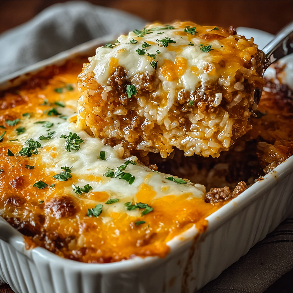 French Onion ground beef and rice in baking dish