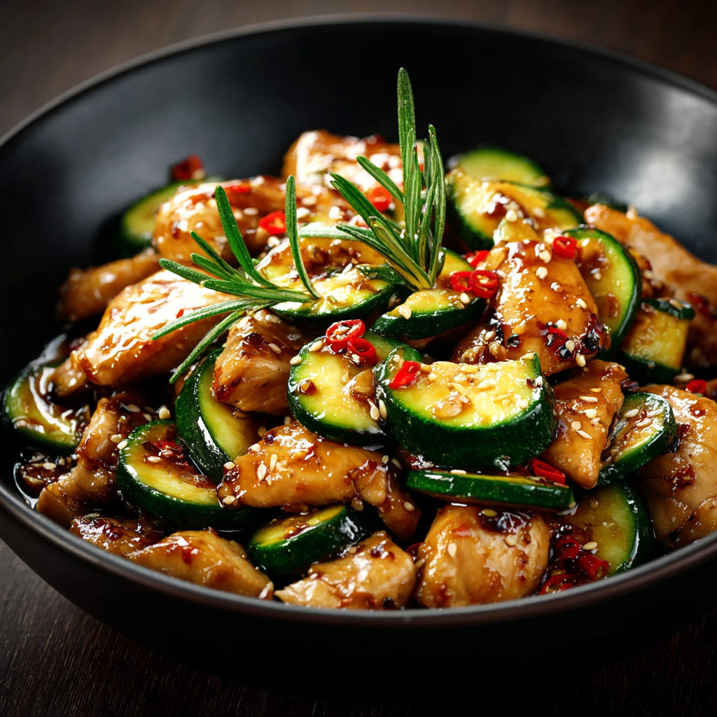 Close up of chicken zucchini stir fry plated