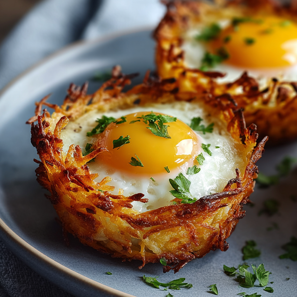 Finished hash brown baskets filled with golden baked eggs