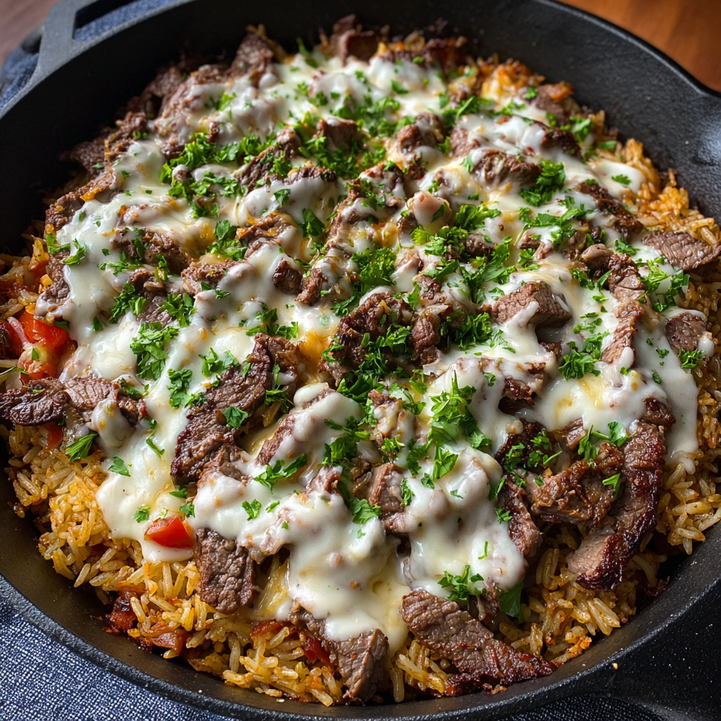 Bubbling skillet of steak and rice with melted cheese