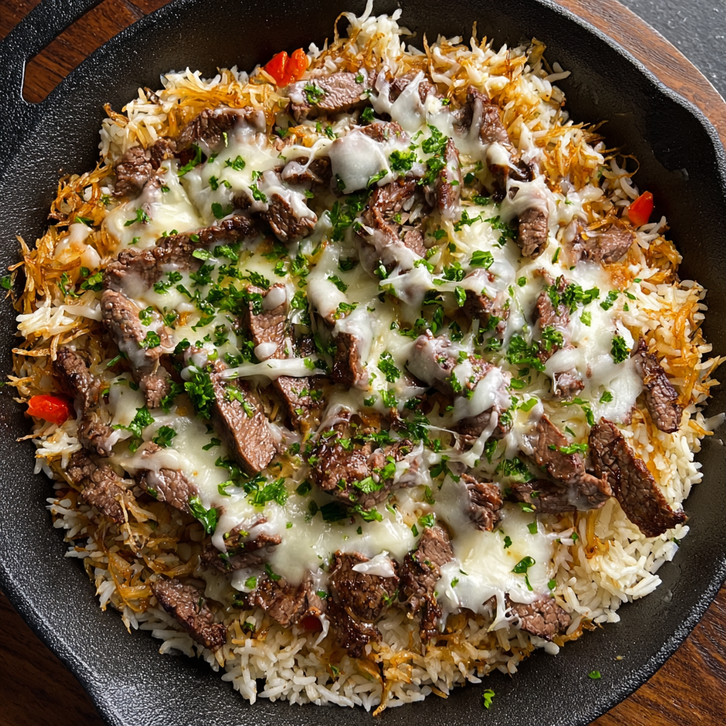 Close-up of melted cheese over steak and rice in skillet