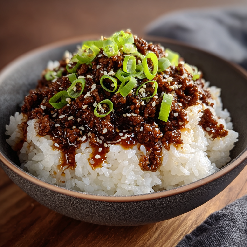 Ground Beef Hot Honey Bowl in skillet with scallions